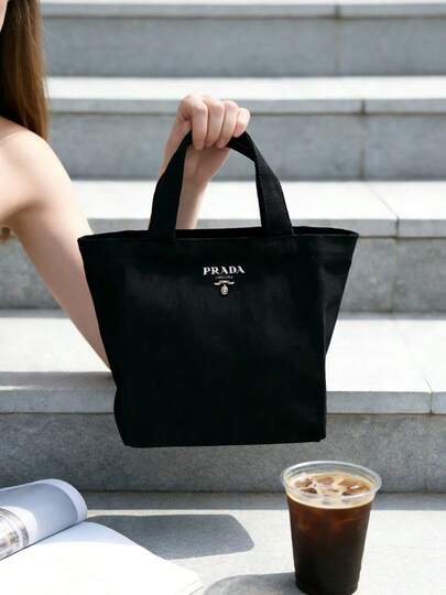 Prada 高级黑色帆布迷你手提包，便携手提包，高品质女士礼物，可爱精致的户外野餐包，多功能日常通勤购物海滩旅行生日周年纪念情人节礼物，时尚简约设计，送给女友、妻子、朋友的专属礼物