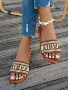 女士新款凉鞋，圆头平底时尚拖鞋，可爱编织心形沙滩鞋，适合外出、旅行、聚会和居家穿着 - 卡其色 - 查看 3