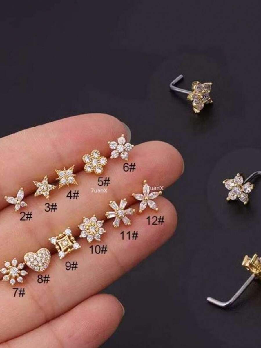 Stainless Steel L-Shaped Nose Piercing With Cubic Zirconia. - 1 cái màu vàng, 1# Hoa cỡ L - Xem 1