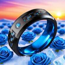 Nhẫn thép không gỉ 8mm thời trang, đính đá Zirconia tổng hợp màu xanh dương, nhẫn sợi carbon xanh dương, được đánh bóng, đeo thoải mái, thích hợp cho lễ đính hôn và đám cưới, phụ kiện nam, nhẫn cưới, trang sức cao cấp tinh tế, quà tặng Giáng sinh. - Màu xanh lam - Xem 6