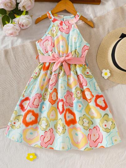 Young Girls' Sweet Halter Dress, Colorful Abstract Floral Print With Waist Belt, Fresh Summer Dress