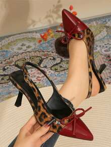 Leopard Print Color Block Pointed Toe Stiletto High Heels For Women, Backless Bowknot Decor Shoes, Strap Buckle Ankle Strap Fashion Party Shoes - Burgundy - View 1