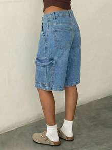 Women's Multi-Pocket Casual Cargo Denim Bermuda Shorts - Medium Wash - View 6