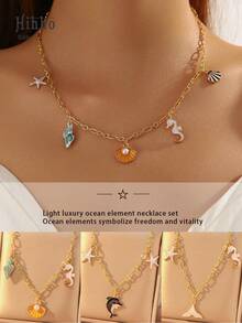 Hihho 1pc Luxury Ocean Element Necklace Set, Lightweight Elegant Ocean Themed Necklace Set Is Both A Youthful Daily Accessory And An Ideal Gift To Spread Good Vibes - Gold - View 1