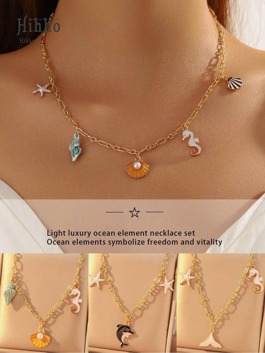 Hihho 1pc Luxury Ocean Element Necklace Set, Lightweight Elegant Ocean Themed Necklace Set Is Both A Youthful Daily Accessory And An Ideal Gift To Spread Good Vibes - Gold - View 1