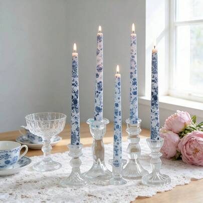 2支蓝白图案柱形蜡烛，9.84英寸复古图案桌面装饰蜡烛，中式花卉柱形蜡烛，适用于婚礼、晚宴、家居装饰、节日氛围、情人节