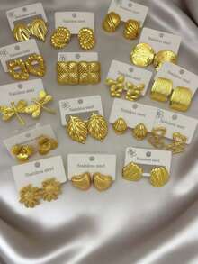 24-Piece Set - (Random Styles) Gold Earrings, Stainless Steel Material, Multi-Element Design, Elegant Style, Hypoallergenic Stainless Steel Earring Set, Perfect Earring Gift For Besties - Multicolor - View 1