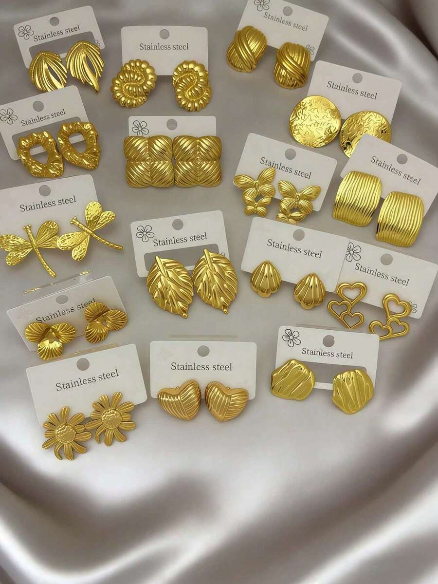 24-Piece Set - (Random Styles) Gold Earrings, Stainless Steel Material, Multi-Element Design, Elegant Style, Hypoallergenic Stainless Steel Earring Set, Perfect Earring Gift For Besties - Multicolor - View 1