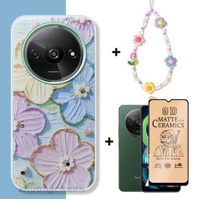 Protector de pantalla 3 en 1, película cerámica, película suave mate, cordón para teléfono con cuentas de flores, funda de teléfono con decoración de flores y diamante de imitación para A3