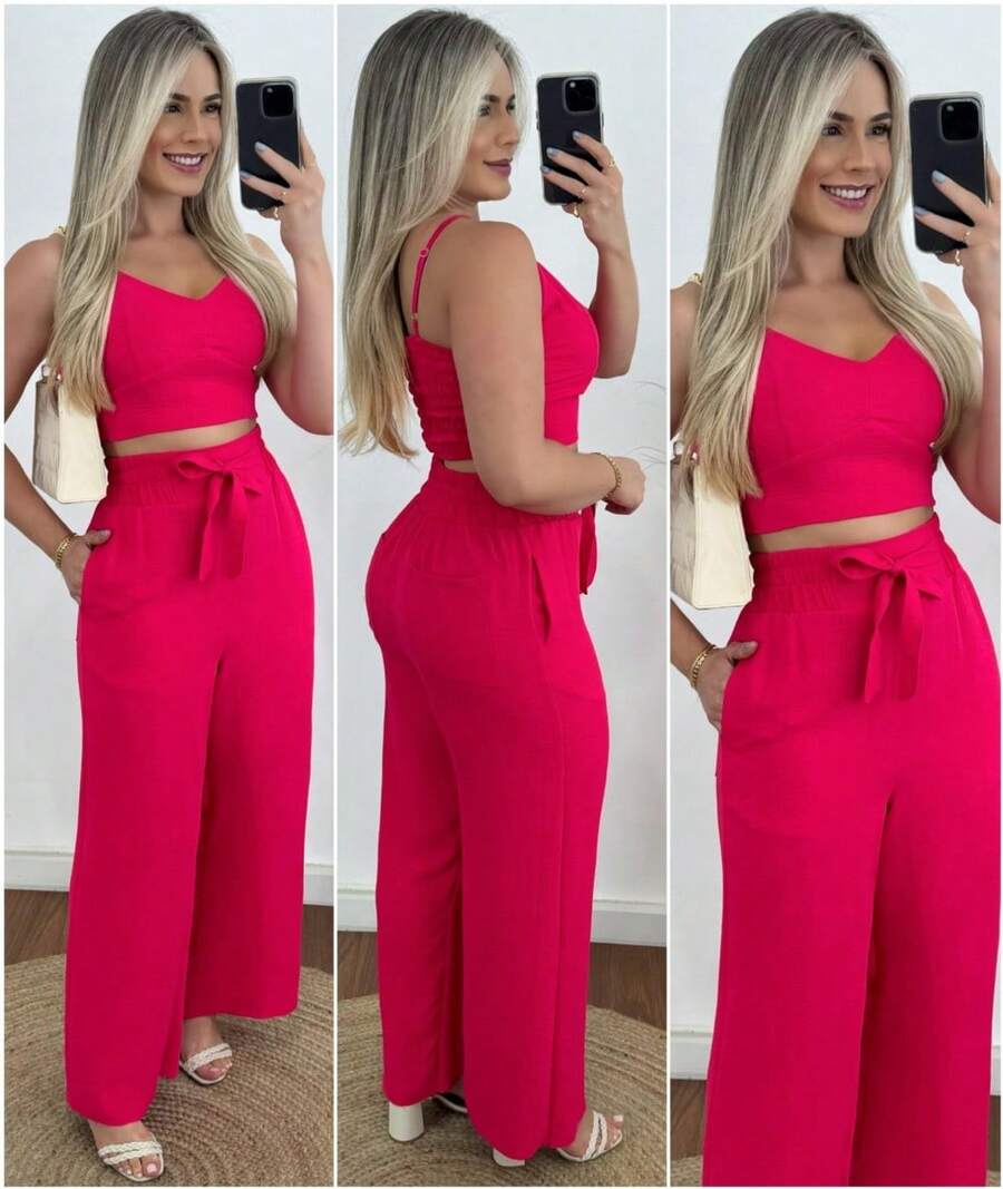 Women Two-Piece Outfits - Hot Pink - View 1