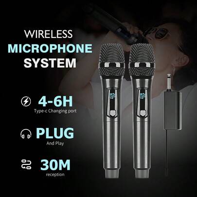 Micrófono inalámbrico profesional UHF LMBGM, con 2 micrófonos de mano negros, carga USB, equipado con conector de 6.35 mm, adecuado para karaoke familiar, actividades al aire libre, conciertos, etc.
