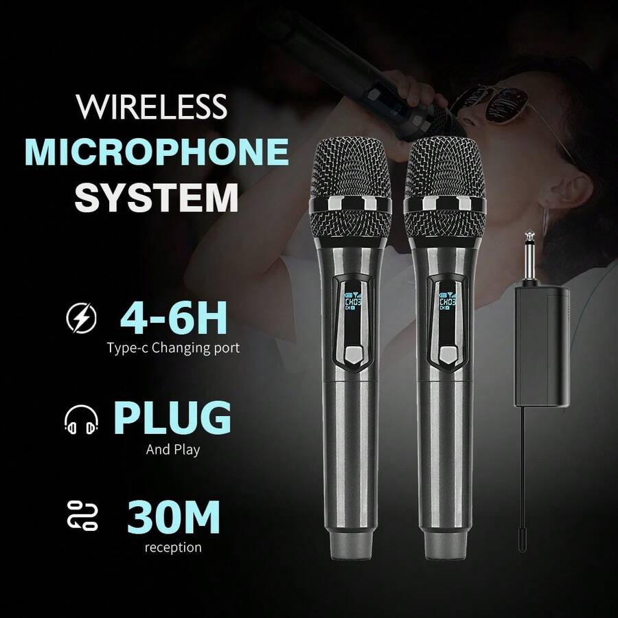LMBGM UHF Professional Wireless Microphone, With 2 Black Handheld Mic, USB Charging,Equip 6.35mm Jack,Suitable For Family KTV, Outdoor Activities, Concerts, Etc. - Black - View 1