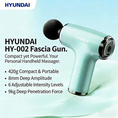 HYUNDAI HY-002 Portable Fascia Gun - Suitable For Full-Body Massage, 6-Level Adjustable Speed, 1200mAh Battery, 4 Massage Heads. Suitable For Tapping Massage Of Shoulders, Neck, Cervical Spine, Waist, Back, Etc. A Suitable Gift For Both Men And Women.