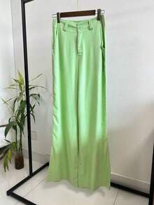 ISADORA MODA Premium Wide Leg Tailored Linen Pants - verde grama - 查看 2
