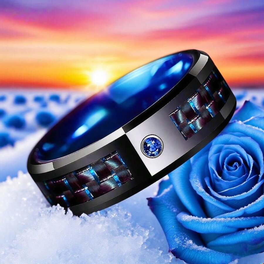 Nhẫn thép không gỉ 8mm thời trang, đính đá Zirconia tổng hợp màu xanh dương, nhẫn sợi carbon xanh dương, được đánh bóng, đeo thoải mái, thích hợp cho lễ đính hôn và đám cưới, phụ kiện nam, nhẫn cưới, trang sức cao cấp tinh tế, quà tặng Giáng sinh. - Màu xanh lam - Xem 1