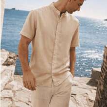 Men's Short-Sleeve Mandarin Collar Shirt, Summer Casual, Viscose-Linen - Màu be - Xem 4