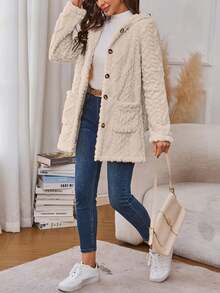 Hooded Mid-Length Coat, Button-Front Closure, Equipped With Practical Pockets For Small Daily Items, Provides Gentle Warmth For Daily Wear, Easy To Layer With Inner Garments, Ideal For Commutes And Casual Outings, Adds Comfort To Your Daily Looks, Suitable For The Transition From Autumn And Winter To Spring - Xám - Xem 5