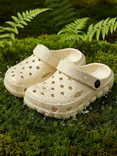 新款儿童白色纯色简约时尚百搭男女通用EVA材质舒适轻便柔软室内淋浴居家户外步行旅行沙滩凉鞋，套脚式闭趾设计，四季皆宜，春夏款