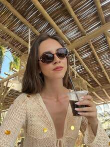 FOR BEAUTY Spring Summer Y2K Women Cover Ups Khaki V Neck Knit Wrap Cardigan Drawstring Waist Slim Fit Casual Chic Beach Vacation Dating Outfit - Khaki - View 8