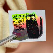 OZLICE "Life Keeps Testing Me" Funny Cat Sticker, Relatable Student Burnout Quote Vinyl Decal, Cute Black Cat With Glasses & Books Waterproof Sticker For Laptop Planner, Sarcastic Exam Stress Gift For Bookworm, DIY Journal Decor - Light Film - View 16
