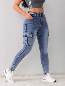 Jeans Ajustados de Cargo de Alta Elasticidad de Color Gris Oscuro/Azul Claro/Azul Oscuro para Mujer, Pantalones que Levantan las Nalgas y Adelgazan las Piernas - Azul claro - Ver 4