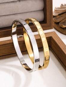 2pcs Stainless Steel Roman Numeral Bracelet Jewelry Set, Suitable For Daily Wear Or Gift - Multicolor - View 4