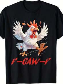 Camiseta con meme de gallo y cita divertida de "F Caw F" - Camiseta con letras rojas, tela de elasticidad media, ropa casual de calle para hombres - Negro - Ver 1