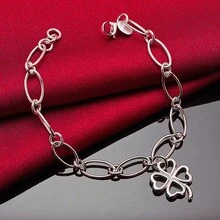925 Sterling Silver Plated Lucky Clover Flowers Pendant Bracelet For Woman Charm Wedding Engagement Party Fashion Jewelry - Silver - View 3