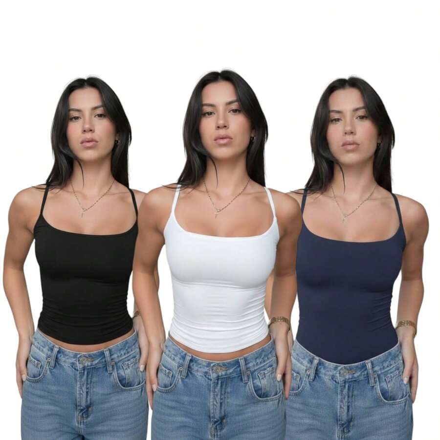 Women's Formal Tank Top With Square Neckline And Thin Straps In Premium Supplex Fabric - Negro/Blanco/Azul Marino - Ver 1