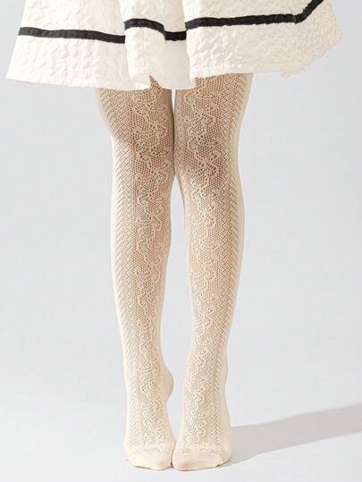1 Pc Of Spring/Summer Girls' Lace Pantyhose, Beige Floral Mesh Stockings, Children's Leggings, Princess-Style Breathable Lace Stockings To Match Skirts, Fashionable Stockings For Girls, Toddler Pantyhose, Tights For Older Children.