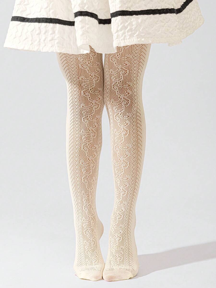 1 Pc Of Spring/Summer Girls' Lace Pantyhose, Beige Floral Mesh Stockings, Children's Leggings, Princess-Style Breathable Lace Stockings To Match Skirts, Fashionable Stockings For Girls, Toddler Pantyhose, Tights For Older Children. - Beige - View 1