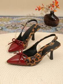 Leopard Print Color Block Pointed Toe Stiletto High Heels For Women, Backless Bowknot Decor Shoes, Strap Buckle Ankle Strap Fashion Party Shoes - Burgundy - View 2