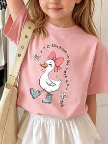 Girls' Short Sleeve T-Shirt With Cartoon Duck Print, Suitable For Spring And Summer, Showcasing Youthful Vitality, Cute Yet Stylish - Pink - View 2