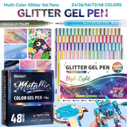 1支荧光笔，48色金属光泽；另有72/54/36/24色闪光荧光笔套装，超大容量金属闪光凝胶笔，1毫米子弹头笔尖，是艺术家和初学者的理想之选，包装精美——是送给男孩/女孩学生、返校季和教师奖励的绝佳礼物。