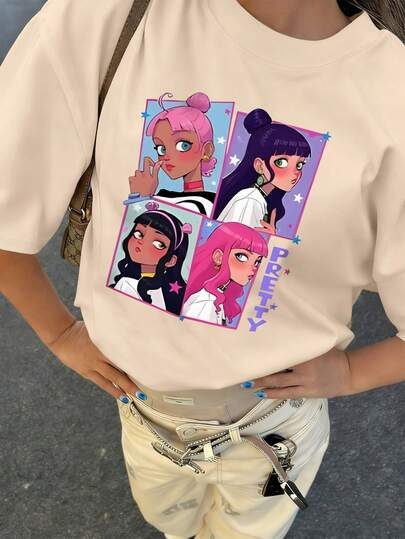 卡通女孩印花女童短袖T恤 - 休闲时尚童装，适合女孩和儿童 - 艺术风格T恤，激发想象力和自我表达，童装，女童图案T恤，夏季上衣，青少年服装