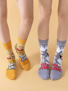 Noctvar OBM Sleepwear X TOM & JERRY 2双猫鼠图案女士中筒袜，可爱卡通爱心设计男士袜子，趣味猫鼠时尚夏季透气休闲男女通用袜，卡通图案，适合学生/成人作为礼物或日常穿着，情侣款。 - 彩色 - 查看 11