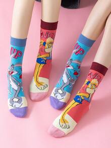 Noctvar OBM Sleepwear X LOONEY TUNES 两双装兔子和鹦鹉图案女士中筒袜，可爱卡通独特设计，傲娇兔子时尚夏季袜，防臭透气休闲船袜，适合学生/成人作为礼物或日常穿着，情侣款 - 彩色 - 查看 11