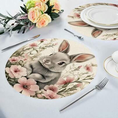 2/4/6/8/16pcs Easter Flower Shaped Round Placemats With 1 Light Gray Bunny Surrounding Pink Flowers And Leaves, Seasonal Spring Table Mats For Party, Kitchen, Dining Room Decor