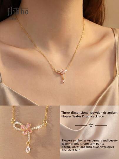 Hihho 1pc Elegant Cubic Zirconia Flower Pendant Necklace, Suitable For Dates And Commuting, Refined Atmosphere