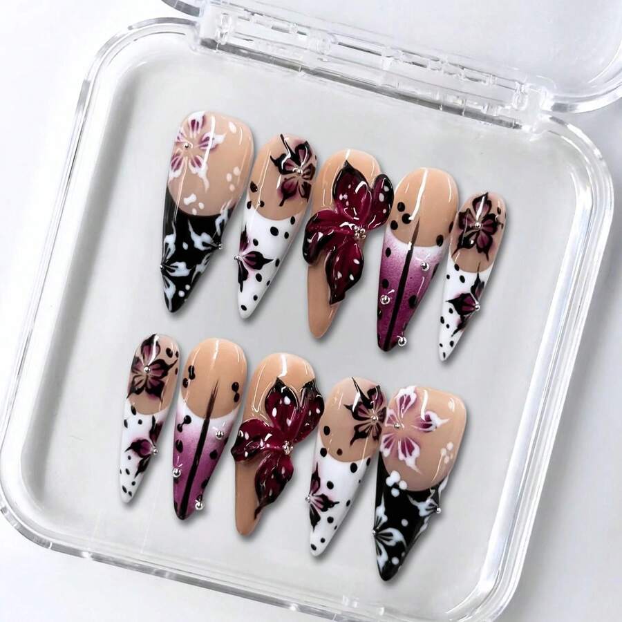 Mnails 10 PCS Handmade Stiletto Press-On Nails, Purple & Black Floral Medium Length, Pure Handmade Fake Nails With 3D Wine Red Flowers, Polka Dots & Rhinestone Accents, Wearable Nail Tips - 彩色 - 查看 1