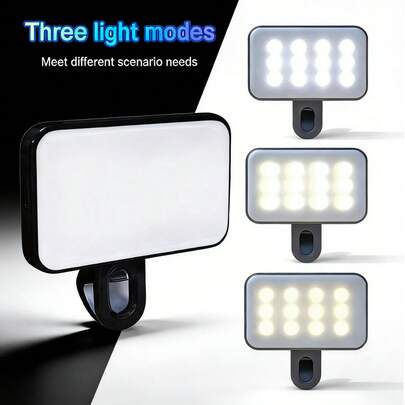 Luz de anillo LED recargable portátil, 3 modos de iluminación, alimentada por USB y batería, compatible con iPhone 15/14/13/12/11 Pro Xs, A72/A71/A52/A51, para teléfonos, cámaras, videos, videollamadas, alta potencia, diseño con clip, ajustable, con clips delanteros y traseros