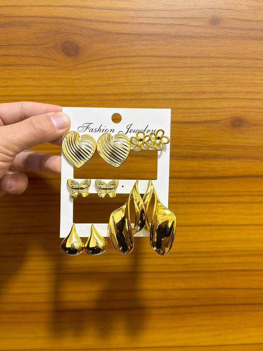 5对金色时尚耳环套装（蝴蝶、花朵、心形、杏仁形），适合派对和各种场合佩戴 - 金色 - 查看 1