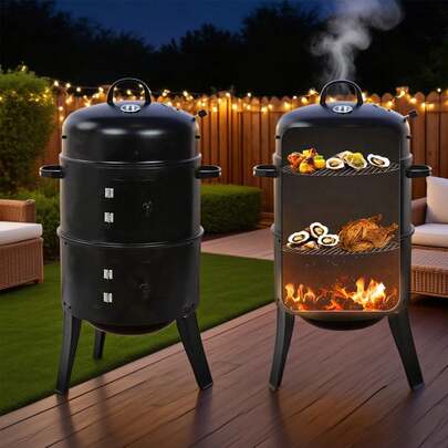 BBQ Smoker, 16 Inch Heavy Duty Grill With 2 Cooking Area And Thermometer, 4 In 1 Vertical Smokers Grill For Outdoor Camping Backyard Picnic Party