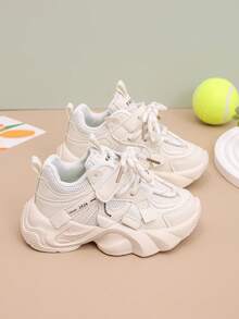 1 Pair Unisex New Breathable Thick-Sole Mesh Sneakers, Shock-Absorbing Non-Slip Children Running Shoes, Fashion Versatile Student Casual Shoes, Lightweight Chunky Sneakers Suitable For All Seasons - Beige - View 3