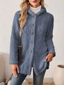 Hooded Mid-Length Coat, Button-Front Closure, Equipped With Practical Pockets For Small Daily Items, Provides Gentle Warmth For Daily Wear, Easy To Layer With Inner Garments, Ideal For Commutes And Casual Outings, Adds Comfort To Your Daily Looks, Suitable For The Transition From Autumn And Winter To Spring - Màu xanh nhạt - Xem 3