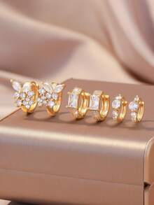 6pcs 18K Gold Plated Earring Set, Butterfly & Geometric Stud Earrings, Valentine's Gift For Her - Gold - View 3