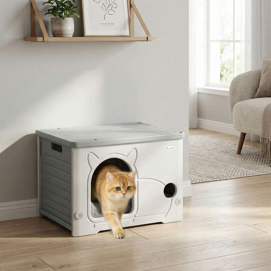 PawHut Cat House Stackable Cat Bed For Indoor Outdoor Grey - one-size - View 1