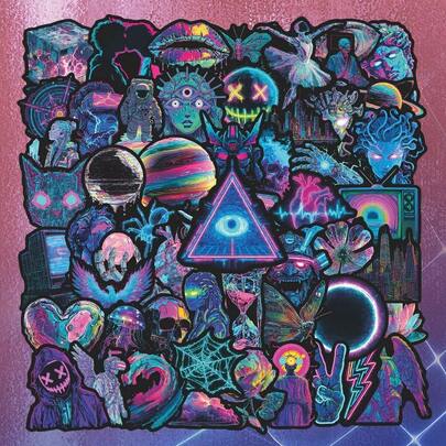 56Pcs PVC Cyberpunk Neon Creative Stickers Journal DIY Notebook Decor Stationery Set