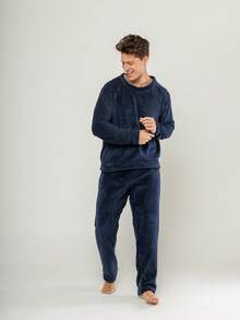 Men's Ultrasoft Long Fleece Pajamas For Cold Winter - Navy Blue - View 3