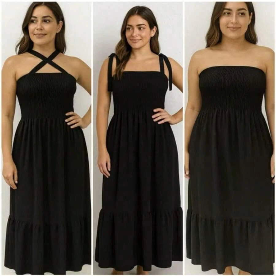 Women's Long Dress With Elastic And Adjustable Straps, Casual Style. - Black - View 1